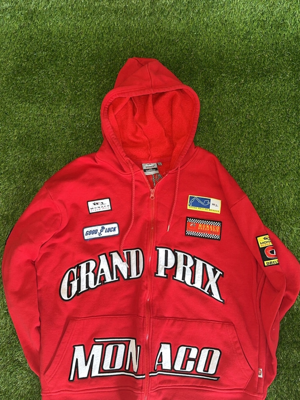 Vintage Red 'Grand Prix Monaco' Zip Hoodie with Racing Patches